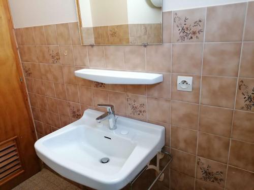 La salle de bains est pourvue d'un lavabo blanc et d'un miroir. dans l'établissement Appartement Le Grand-Bornand, 2 pièces, 5 personnes - FR-1-241-194, au Grand-Bornand