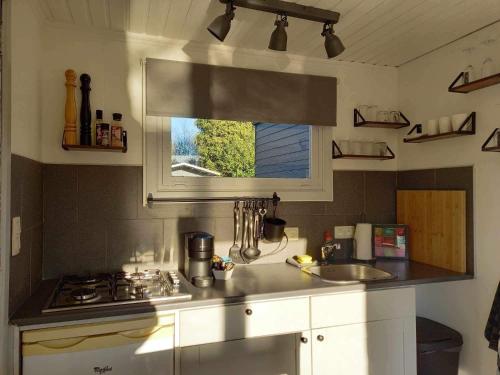 cocina con fregadero, fogones y ventana en The Zen Nest, en Geel
