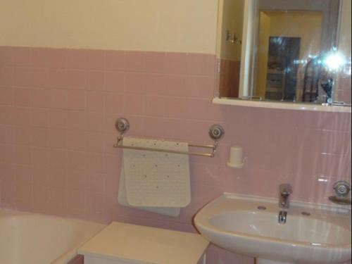 une salle de bain rose avec un lavabo et un miroir dans l'établissement Charmant appartement climatisé, parking, animaux admis - FR-1-100-221, à Cavalaire-sur-Mer