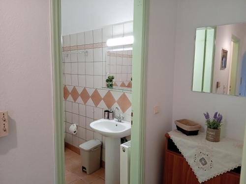 La salle de bains est pourvue d'un lavabo et d'un miroir. dans l'établissement ΘΈΑ, à Rogón