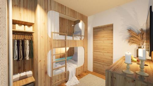 a room with a wooden wall with a closet at Oberkrammern Premium Appartements in Hollersbach im Pinzgau