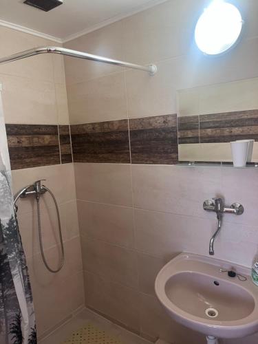 a bathroom with a shower and a sink at Penzión Janka in Zuberec