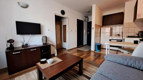 een woonkamer met een bank en een tafel bij LERA Apartment in Zagreb