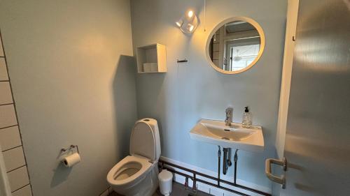 a bathroom with a toilet and a sink and a mirror at Søndervig Camping & Cottages in Søndervig