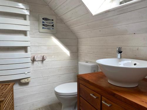 ein Badezimmer mit einem weißen Waschbecken und einer Toilette in der Unterkunft 310 -Maison de charme 8personnes proche des plages in Frehel