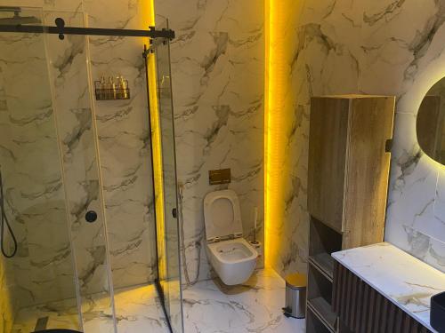 a bathroom with a toilet in a stone wall at PROOF RESIDENCE in Lekki