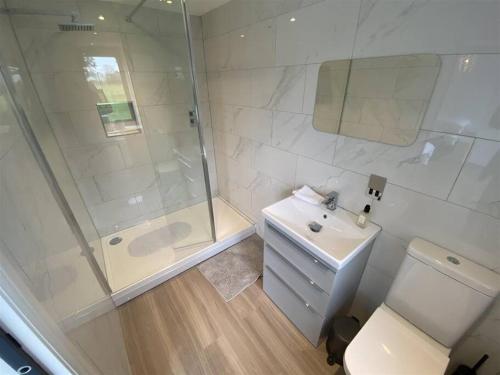 a bathroom with a shower and a sink and a toilet at PRIVATE LUXURY BARN IN ITS OWN 0.75ACRES in Sutton on the Hill