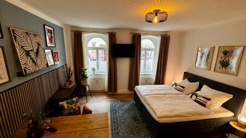 een woonkamer met een bed en 2 ramen bij Noy´z in der belebten Neustadt in Dresden