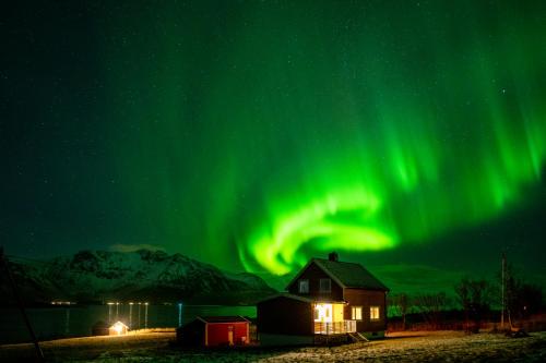 an aurora over a house and a barn at night at Lillevik Lofoten in Gimsøy