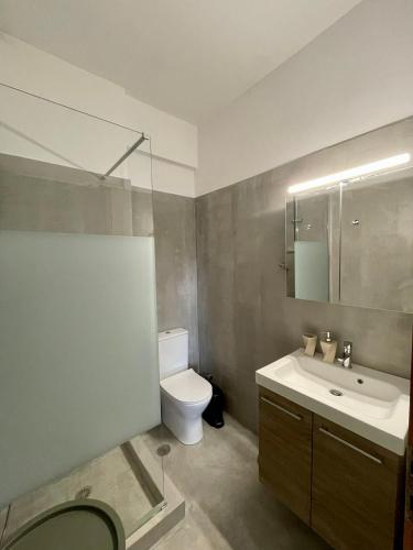 a bathroom with a white toilet and a sink at Bitter Orange House in Nerántza