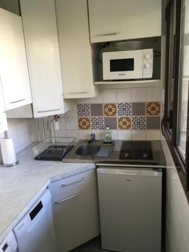 une cuisine avec un évier et un micro-ondes dans l'établissement Studio avec balcon sur jardin et parking privé, à Issy-les-Moulineaux