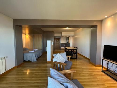 sala de estar con sofá y TV en Polo Sur Apartamentos en Ushuaia