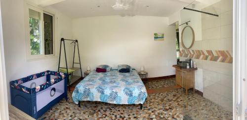 een slaapkamer met een bed en een bad in een kamer bij Studio 42 in Petit-Bourg