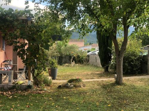 un patio con un árbol y una casa en Villa calme avec piscine, en Lavelanet
