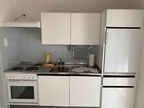 uma pequena cozinha com armários brancos e um lavatório em Sunny studio in the city center (Oken1) em Zurique