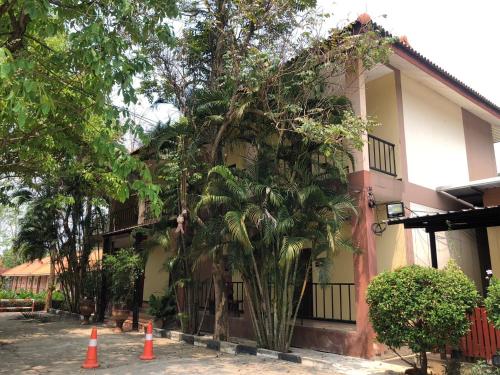 a building with a palm tree in front of it at Maewang Resort in Lampang