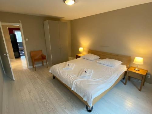ein Schlafzimmer mit einem Bett mit zwei Handtüchern darauf in der Unterkunft Fancy 1 bedroom flat in the city center (SF19) in Zürich