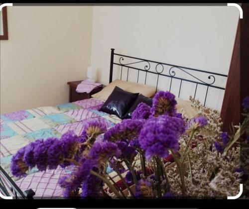 a bed with purple flowers in front of it at Villa in campagna in Calvisano