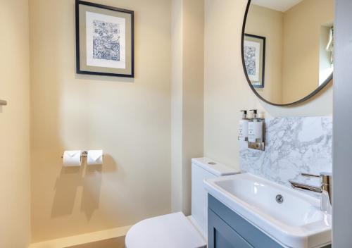 a bathroom with a toilet and a sink and a mirror at The Apple Tree - Pershore in Pershore
