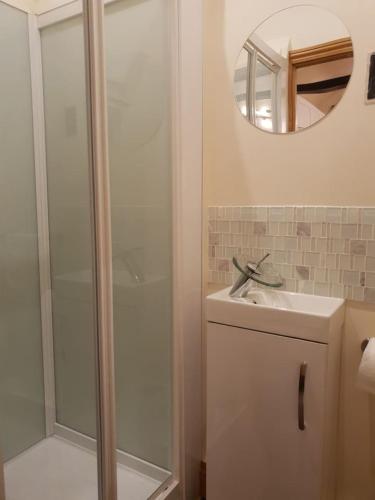 a bathroom with a shower and a sink and a mirror at Cosy countryside retreat, Weiser in Buckinghamshire