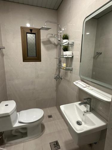 a bathroom with a toilet and a sink and a mirror at Rose 2 in Al ‘Aqrabīyah