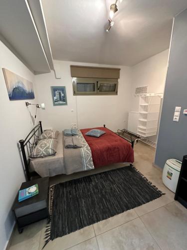 a bedroom with a bed with a red blanket and a rug at Estia guest house in Olympia