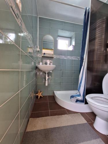 a bathroom with a sink and a toilet at Lesný domček in Hunisky