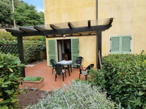 a patio with a table and chairs under a pergola at Apartment Corbezzolo by Interhome in Monteverdi Marittimo