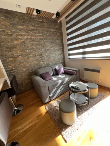 a living room with a couch and a brick wall at Jovanovic Titova Vila in Palisad