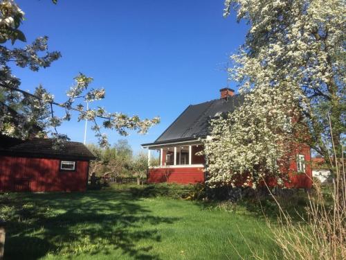 ein rotes Haus mit einem Baum im Hof in der Unterkunft Buntes Schwedenhaus Lillebror in Fågelfors