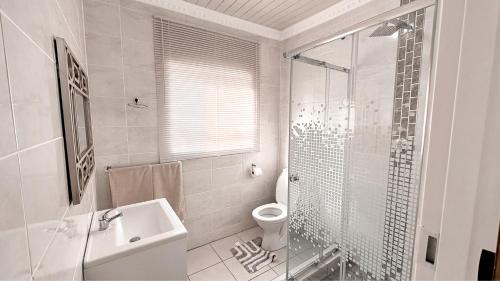 a white bathroom with a toilet and a glass shower at Contemporary Gem: Studio with Serene Pool View in Newcastle