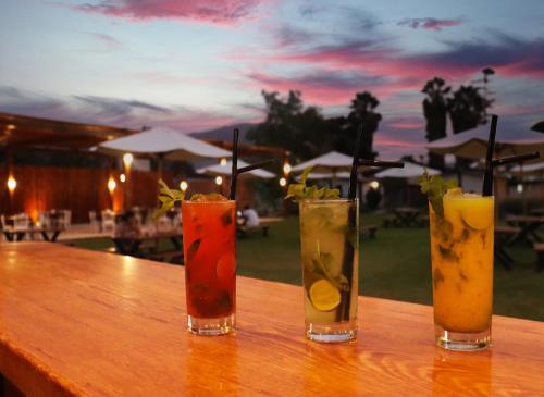 a group of three cocktails sitting on a wooden bar at Los Andes - Restaurant & Bungalows in Cieneguilla