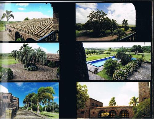 un collage de fotos con palmeras y una piscina en Hosteria Fortin de San Miguel, en Chuy