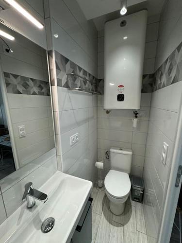 une salle de bain blanche avec des toilettes et un lavabo dans l'établissement Appartement à 200 m de la plage, à Berck-sur-Mer