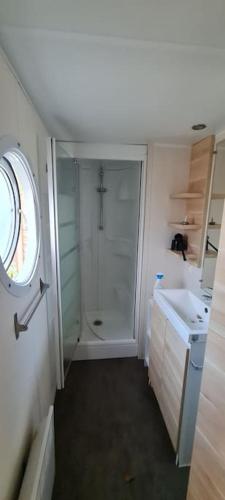 La petite salle de bains est pourvue d'une douche et d'un lavabo. dans l'établissement MOBILHOME PREMIUM 3CH 6PERS, à Nans-les-Pins