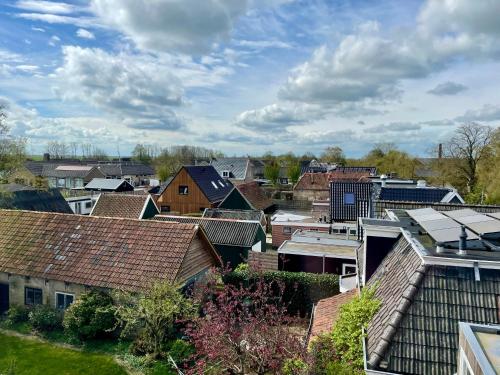 a view of a town with houses and roofs at Herberg Het Rechthuis in Rinsumageest