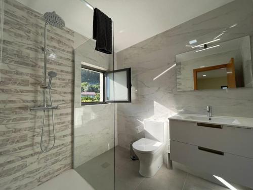 un bagno con doccia, WC e lavandino di Casa do Canastro a Terras de Bouro