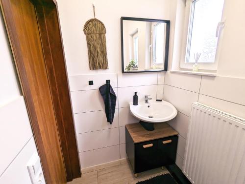 a small bathroom with a sink and a mirror at BesTime - 5 Schlafzimmer, Wohnzimmer, Küche, Waschtrockner, Terrasse, Smart-TVs, Netflix, Tischfußball in Wildeshausen