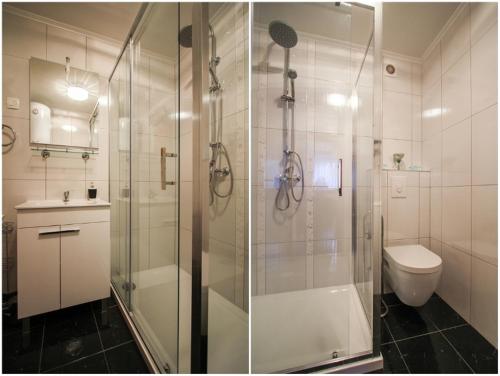 2 fotografías de un baño con ducha y aseo en Beach Split Apartments, en Split