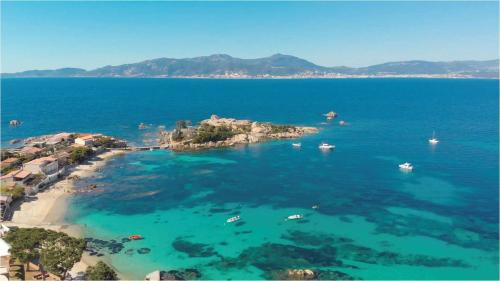 une vue aérienne d'une plage avec des bateaux dans l'eau dans l'établissement Appartement Bella Vista 302 Porticcio, à Porticcio
