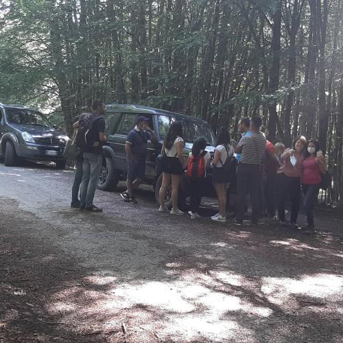 a group of people standing around a van in the woods at BB Cesarò Mariolo house in Cesarò