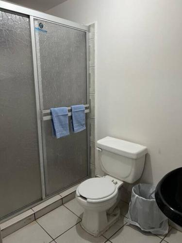 uma casa de banho com um WC e um chuveiro com toalhas azuis em Bonito departamento tipo “estudio” em Ciudad Juárez