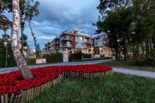 a park with red flowers in front of a building at Apartament 6M Rewal w cenie basen, jacuzzi, siłownia, sala zabaw, free private parking, Park Rozrywki HOSSOLAND 30 minut in Rewal