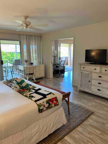 a bedroom with a bed and a living room at Maui Bliss: 1BR Corner Haven, Ocean & Golf Views in Kahana