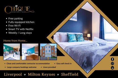a poster for a hotel room with a bed and a window at 4BR Contractor Town House 2.5bathrooms, 2 free parking spaces managed by Chique Properties in Milton Keynes
