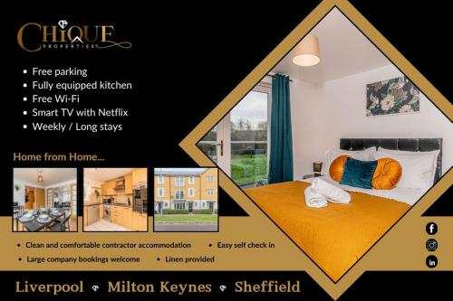 a poster of a bedroom with a bed and a window at Spacious 5BR House 3 Bathrooms ideal for CONTRACTORS free PARKING in Broughton