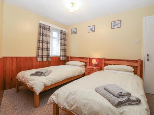 1 dormitorio con 2 camas y ventana en Ground Floor Apartment en Porthmadog