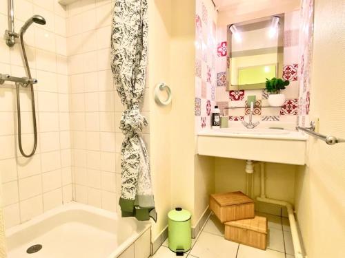 une salle de bain avec une baignoire, un lavabo et une douche dans l'établissement Le Cathédrale,T3 en plein centre ville de Poitiers, à Poitiers