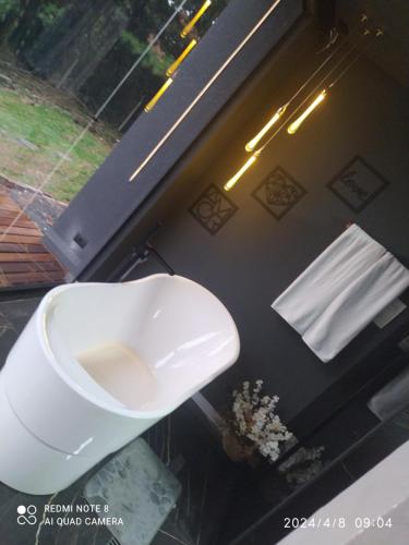 - des toilettes blanches dans une chambre avec fenêtre dans l'établissement Carpe Diem Cabanas 2, à Campo Largo