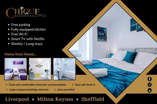a collage of pictures of a bedroom with a bed at 1BR & 2BR Apt -for CONTRACTORS- free PARKING close to EVERTON & ANFIELD stadium, Liverpool City Centre managed by Chique Properties Ltd in Liverpool